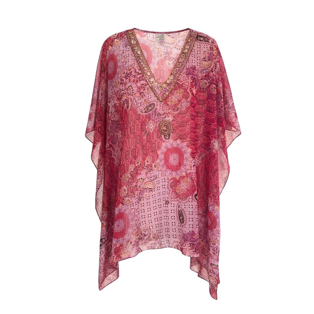 Ace Fashion Sheer Caftan Top Beaded V-Neck Boho Pink Paisley L